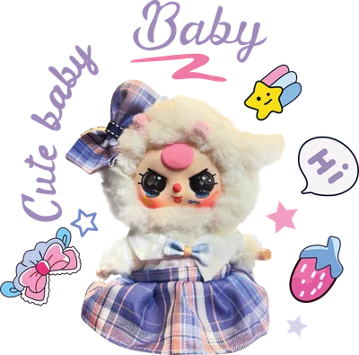 Hình ảnh búp bê cừu trắng dễ thương mặc váy kẻ caro tím, có nơ, cùng các sticker hoạt hình như sao, dâu tây và chữ 'Cute baby'.