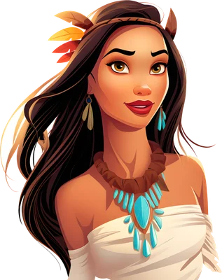 Hình ảnh hoạt hình cô gái thổ dân Pocahontas với mái tóc dài, băng đô lông vũ, khuyên tai và vòng cổ ngọc lam nổi bật.