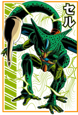 Hình minh họa nhân vật Cell trong Dragon Ball Z, với màu xanh lá chủ đạo, tư thế chiến đấu.