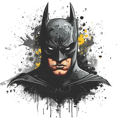Hình ảnh Batman với mặt nạ đen, áo choàng, phong cách graffiti mực và vệt sơn vàng trên nền xám.