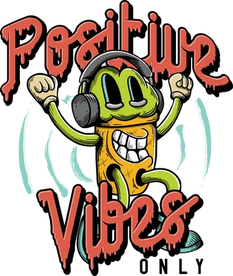 Nhân vật hoạt hình màu vàng xanh đeo tai nghe với dòng chữ Positive Vibes Only phong cách retro