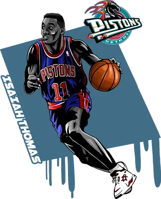 Hình vẽ cầu thủ bóng rổ Isaiah Thomas của đội Detroit Pistons đang cầm bóng, mặc áo số 11.