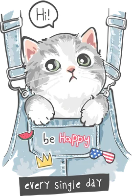 Hình vẽ mèo con xám trắng mắt to dễ thương mặc yếm jean xanh, có chữ 'Hi!', 'be Happy' và 'every single day' trên nền xám.