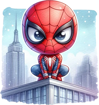Hình ảnh Người Nhện Chibi dễ thương trong bộ đồ đỏ xanh, đang ngồi xổm trên nóc tòa nhà cao tầng, phía sau là cảnh quan thành phố New York với các tòa nhà chọc trời dưới bầu trời xanh.