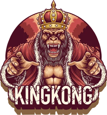 Hình ảnh vua khỉ đội vương miện, mặc áo choàng lông, với biểu cảm hung dữ và chữ 'KINGKONG' bên dưới.