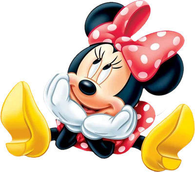 Hình ảnh Minnie Mouse hoạt hình đáng yêu, mặc váy và nơ chấm bi đỏ, đi giày vàng, đang nằm tạo dáng mỉm cười.