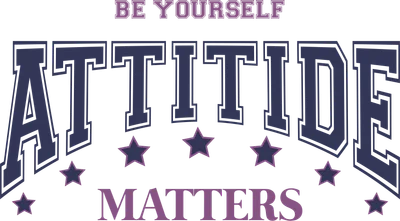 Hình in chữ Attitude Matters màu xanh tím và hồng với ngôi sao, phong cách varsity.