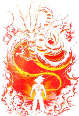 Hình ảnh Goku đứng đối mặt với Rồng Thần uy nghiêm trong biển lửa, phong cách anime.