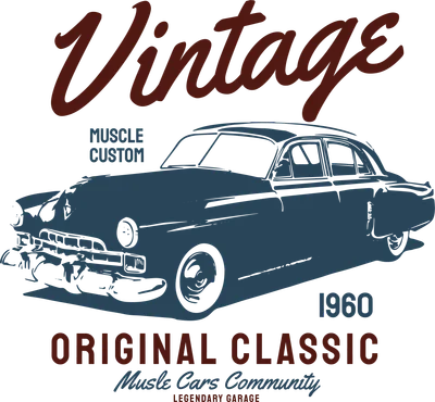 Hình minh họa xe hơi cổ điển màu xanh đậm với chữ Vintage và 1960 trên nền xám.