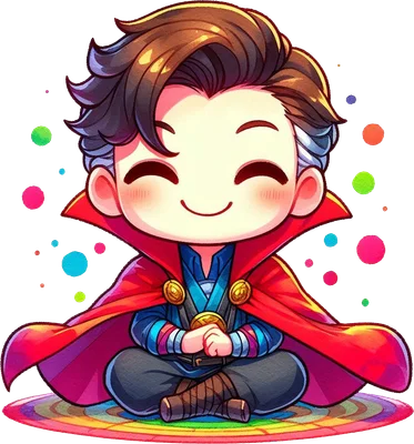 Hình chibi Doctor Strange đáng yêu ngồi thiền trên thảm cầu vồng, áo choàng đỏ, biểu cảm vui vẻ, phong cách hoạt hình.