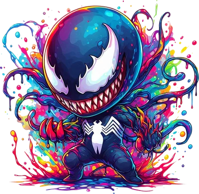 Hình ảnh Venom phiên bản chibi đầy màu sắc rực rỡ với hiệu ứng bắn sơn năng động, nền xám đơn sắc.