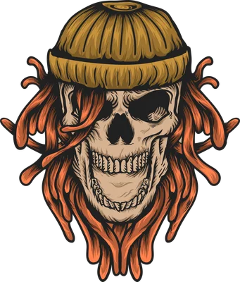 Hình ảnh minh họa đầu lâu đội mũ beanie màu vàng, với mái tóc dreadlock màu cam rực rỡ, thể hiện phong cách cá tính.