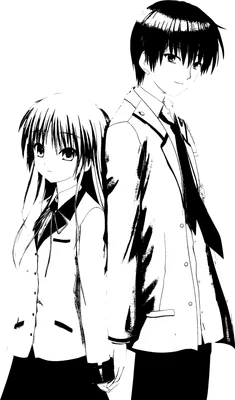Hình vẽ anime đen trắng hai học sinh, một nam một nữ, đứng quay lưng vào nhau và nắm tay.