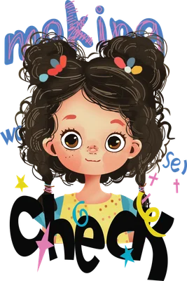Hình vẽ cô bé tóc xoăn hai bím, đeo nơ, mặc áo vàng chấm bi, cười tươi, có chữ "cheer" lớn phía trước.