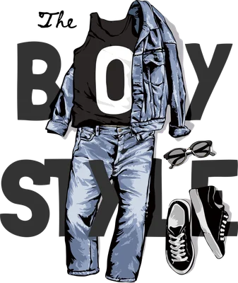 Hình minh họa set đồ nam gồm áo khoác denim, quần jean, áo thun và giày sneaker phong cách thời trang