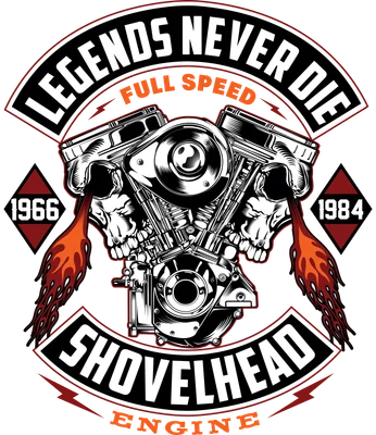 Hình minh họa động cơ xe máy Shovelhead với đầu lâu và lửa phong cách cổ điển