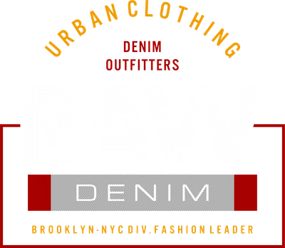 Thiết kế đồ họa chữ RAW DENIM màu trắng sọc, URBAN CLOTHING cong, DENIM OUTFITTERS, BROOKLYN NYC trên nền xám.