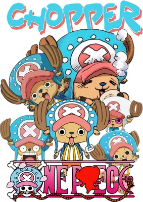 Nhiều phiên bản hoạt hình của nhân vật Chopper từ One Piece với các biểu cảm khác nhau, cùng logo One Piece.