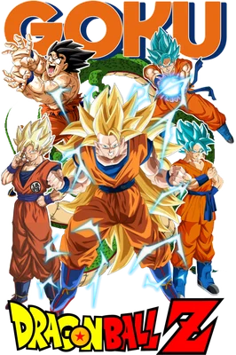 Hình ảnh Goku từ Dragon Ball Z với nhiều biến thể sức mạnh và biểu cảm khác nhau, bao gồm Super Saiyan, Super Saiyan Blue.