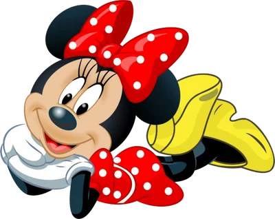 Hình ảnh nhân vật hoạt hình Minnie Mouse với nơ đỏ chấm bi, váy đỏ và giày vàng đang tươi cười.