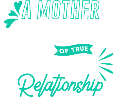Thiết kế chữ trang trí với thông điệp 'A MOTHER is Symbol OF TRUE LOVE AND Relationship' màu trắng và xanh ngọc trên nền xám, kèm họa tiết trái tim, ngôi sao và cành lá.
