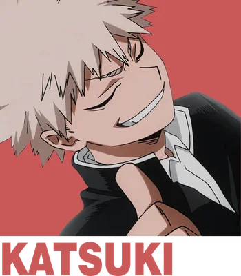 Hình ảnh nhân vật Katsuki Bakugo với nụ cười nham hiểm, tóc vàng, mặc đồng phục học sinh.