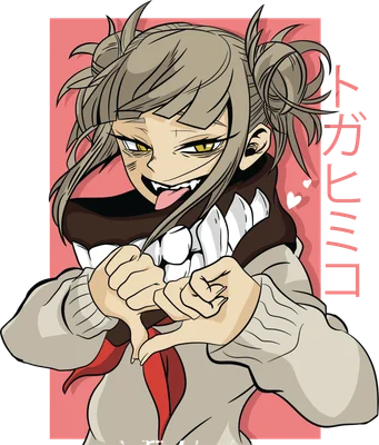 Hình vẽ Himiko Toga với mái tóc buộc hai chùm, mắt vàng sắc sảo, lè lưỡi và tạo hình trái tim bằng hai tay.