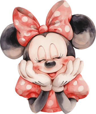 Hình ảnh Minnie Mouse đáng yêu với nơ chấm bi hồng, phong cách màu nước, đang tựa cằm mỉm cười hạnh phúc.