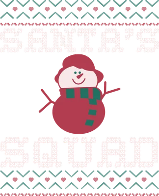 Hình ảnh người tuyết hoạt hình đội mũ đỏ, quàng khăn xanh đỏ, cùng dòng chữ Santa's Squad và họa tiết Giáng Sinh.
