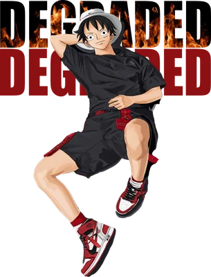 Hình vẽ nhân vật Monkey D. Luffy từ One Piece mặc trang phục đường phố, đội mũ trắng, với hiệu ứng lửa và chữ 'DEGRADED' phía sau.