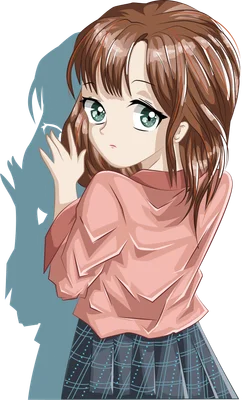 Hình vẽ anime cô gái tóc nâu dài, mắt xanh lá cây to tròn, mặc áo hồng và váy kẻ sọc.