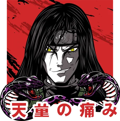 Hình ảnh nhân vật Orochimaru từ Naruto với hai con rắn độc bao quanh, nền đỏ.
