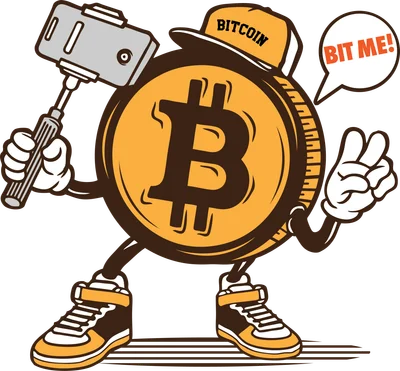 Hình ảnh hoạt hình đồng Bitcoin vui vẻ cầm gậy selfie, đội mũ có chữ "Bitcoin" và giơ ngón tay chữ V.