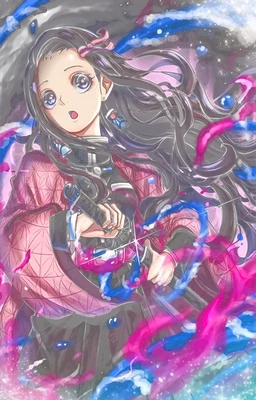 Hình ảnh Nezuko Kamado, nhân vật anime với mái tóc đen dài, đeo nơ hồng, mặc kimono hồng và cầm kiếm, xung quanh có hiệu ứng màu hồng và xanh lam.