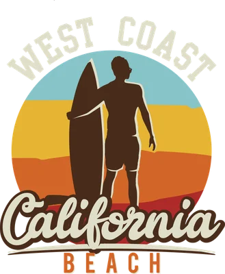 Hình ảnh người lướt sóng đứng với ván lướt, trên nền hoàng hôn với dòng chữ West Coast California Beach.
