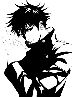 Hình ảnh chàng trai anime tóc đen với ánh mắt sắc sảo, tạo dáng tay độc đáo trên nền xám.