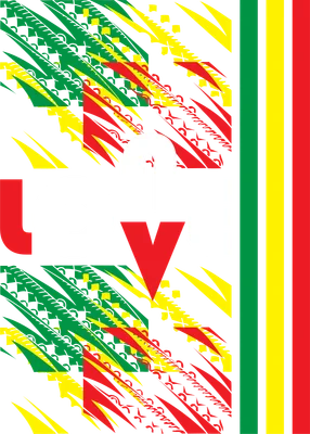 Thiết kế chữ LOVE với các họa tiết Rasta màu xanh lá, vàng, đỏ trên nền xám.