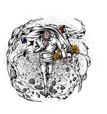 Hình ảnh Monkey D. Garp, nhân vật anime One Piece, trong bộ quân phục trắng, bao quanh bởi hiệu ứng khói trắng và đá.