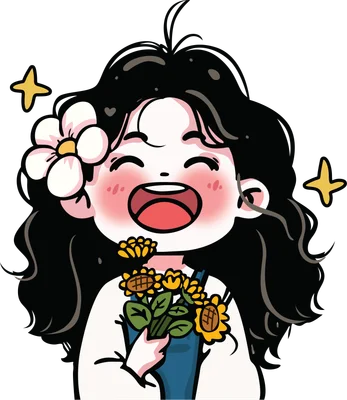 Hình vẽ cô gái chibi tóc đen dài, mắt nhắm, miệng cười tươi, má hồng, tay ôm bó hoa hướng dương, có hoa cài tóc và ngôi sao lấp lánh.
