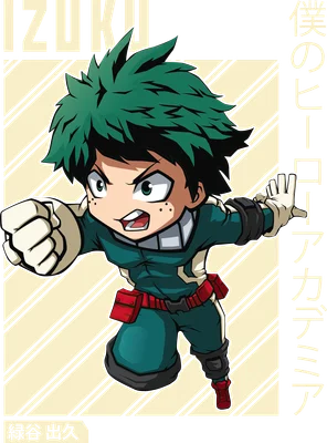 Hình vẽ chibi nhân vật Deku (Izuku Midoriya) từ My Hero Academia trong tư thế hành động, tóc xanh, trang phục anh hùng.