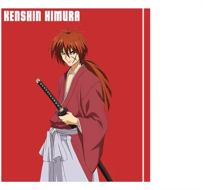 Hình ảnh Kenshin Himura, nhân vật anime với mái tóc đỏ, mặc áo kimono đỏ, cầm kiếm, có vết sẹo trên mặt.
