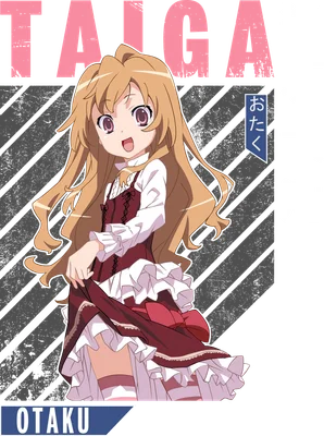Hình ảnh cô gái anime tóc vàng, mặc váy đỏ và trắng, biểu cảm dễ thương, có chữ TAIGA và OTKU