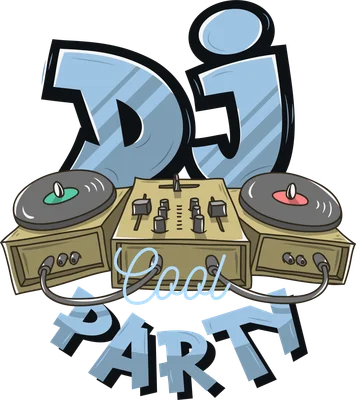 Hình ảnh minh họa phong cách graffiti với chữ 'DJ Cool Party' và thiết bị DJ.