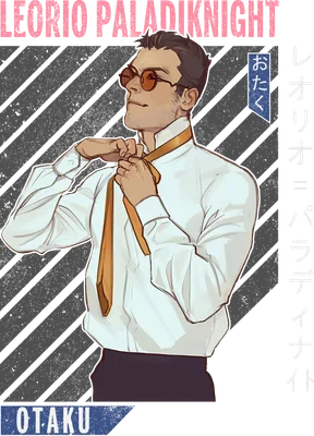 Hình vẽ nhân vật Leorio Paladinight đang chỉnh cà vạt, đeo kính, mặc áo sơ mi trắng, phong cách anime.
