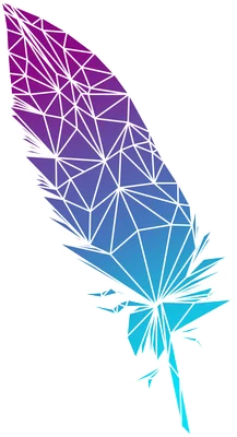 Hình ảnh lông vũ cách điệu theo phong cách hình học với hiệu ứng gradient màu tím và xanh dương, viền trắng nổi bật.