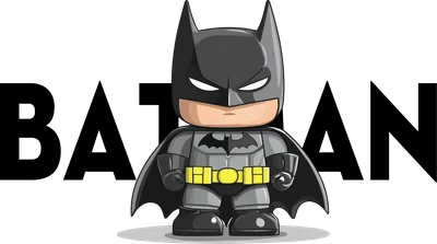Hình ảnh Batman phiên bản chibi dễ thương, mặc trang phục siêu anh hùng màu xám đen, thắt lưng vàng, đứng trước chữ BATMAN lớn màu đen trên nền xám.