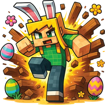Hình ảnh nhân vật Minecraft đội tai thỏ, mặc áo xanh, quần xanh, đang phá vỡ các khối gỗ, xung quanh có trứng Phục sinh và hoa.
