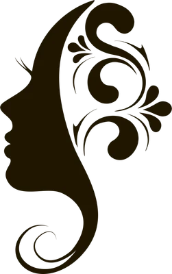 Hình ảnh silhouette chân dung phụ nữ với các họa tiết hoa văn uốn lượn màu nâu sẫm trên nền xám.