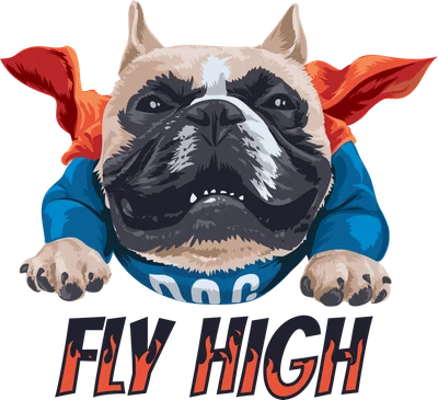 Hình minh họa chó Bulldog phong cách siêu anh hùng với áo choàng đỏ và dòng chữ Fly High