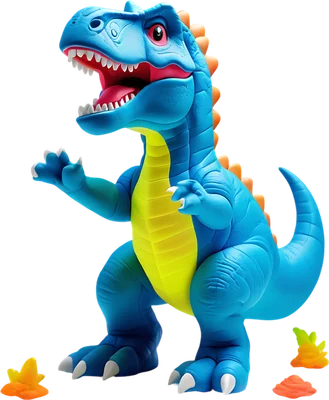 Hình ảnh khủng long bạo chúa T-Rex màu xanh dương và vàng, miệng há to, móng vuốt trắng, gai lưng màu cam, trên nền xám.